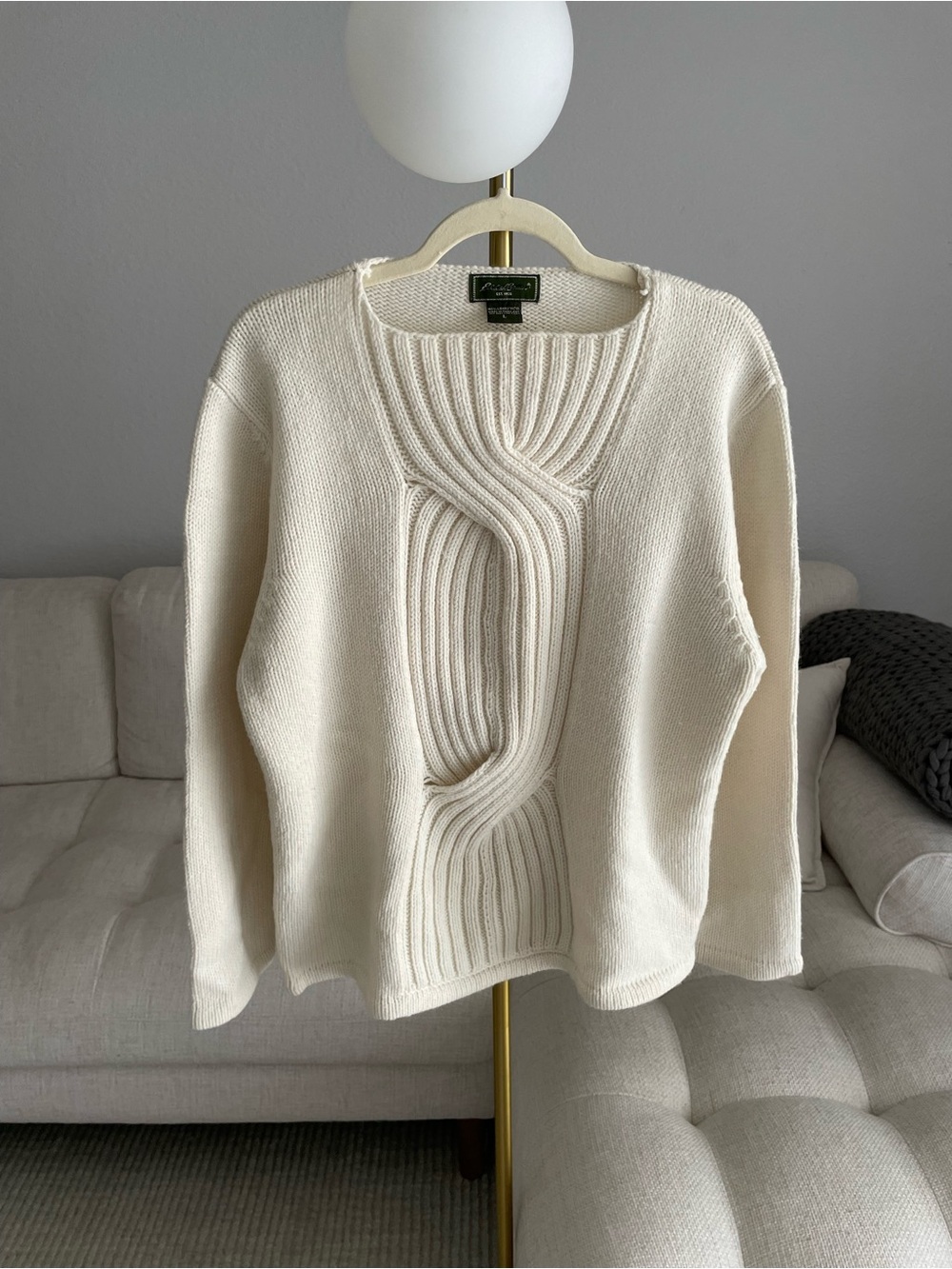 Vintage Eddie Bauer 100% Lambswool Twist Braid Front Knit Relaxed Sweater Cream